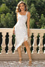Asymmetrical Fringe Hem Midi Dress with Sculpted Fit and Textured Finish
