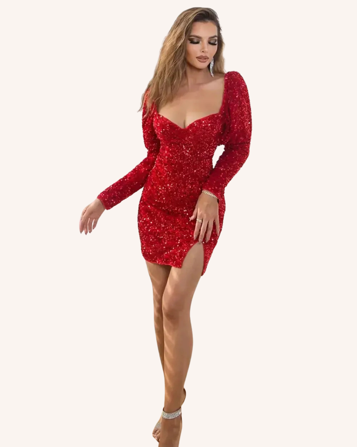 Sequin Sweetheart Neck Tie Back Long Sleeve Slit Dress