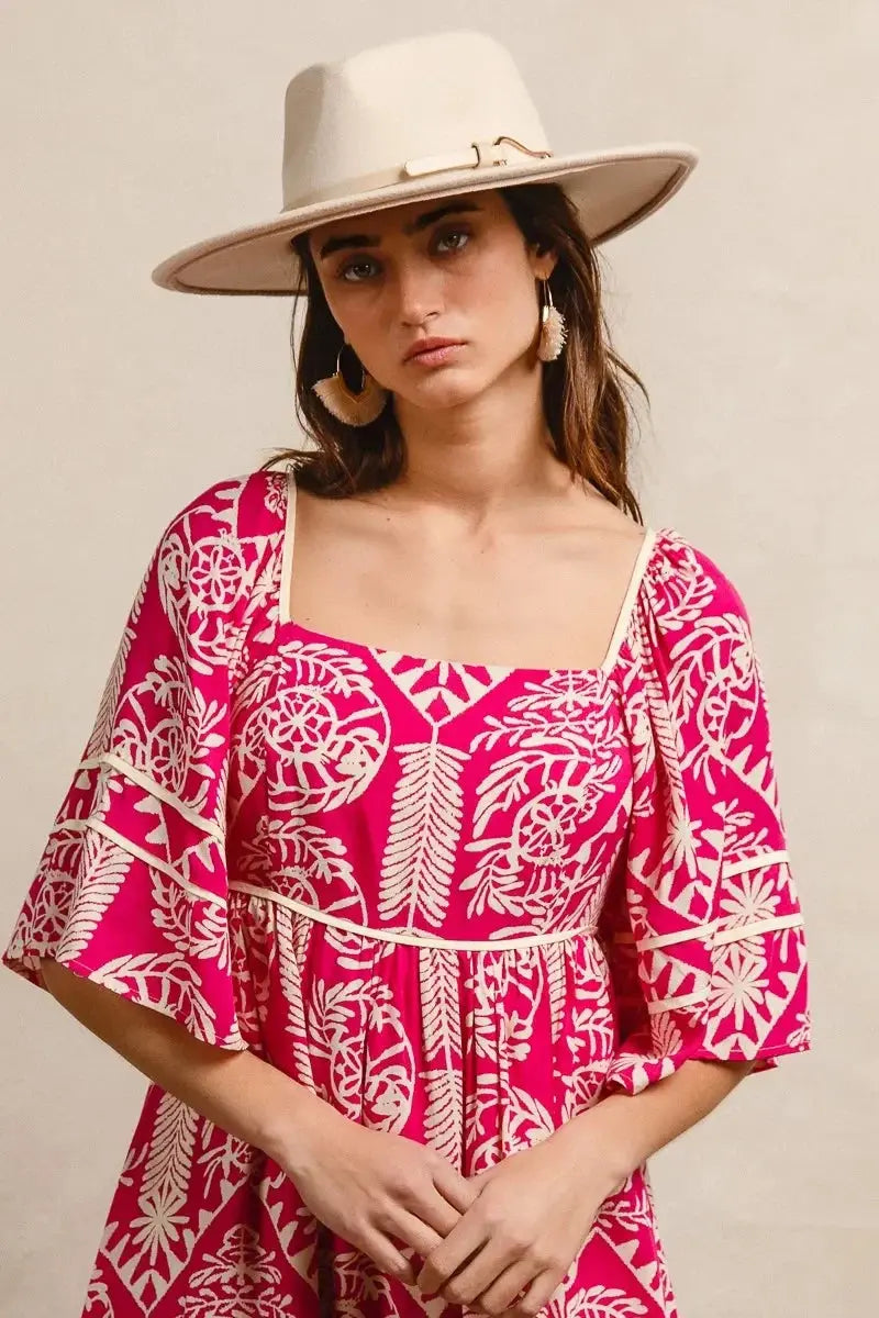 BiBi Aztec Woven Printed Contrast Binding Dress - Heraki 