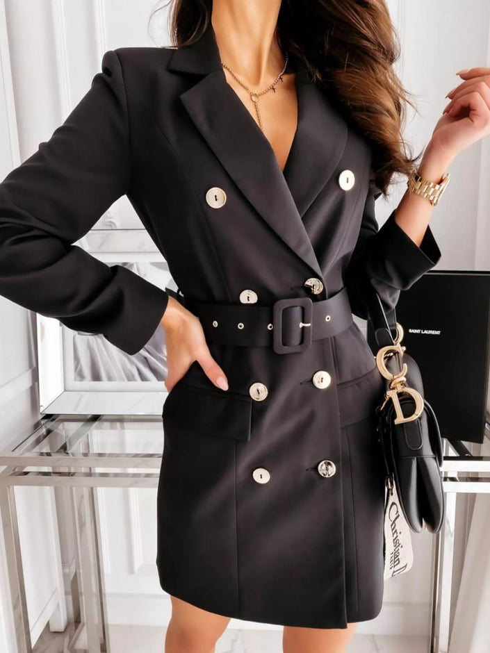 Tailored Double-Breasted Blazer Dress with Waist-Cinching Belt - Sophisticated Mini Dress