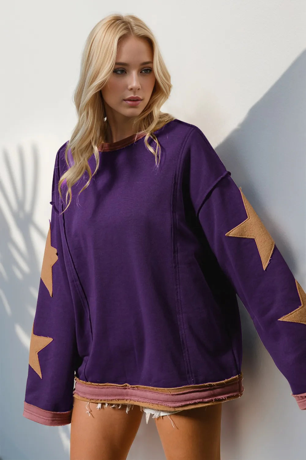 Star Patched Exposed Seam Long Sleeve Sweatshirt