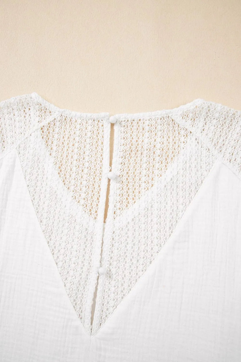 Lace Crochet Button Back V-Neck Tee