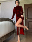 Luxe Velvet High-Neck Maxi Dress with Side Slit - Elegant Evening & Gala Gown