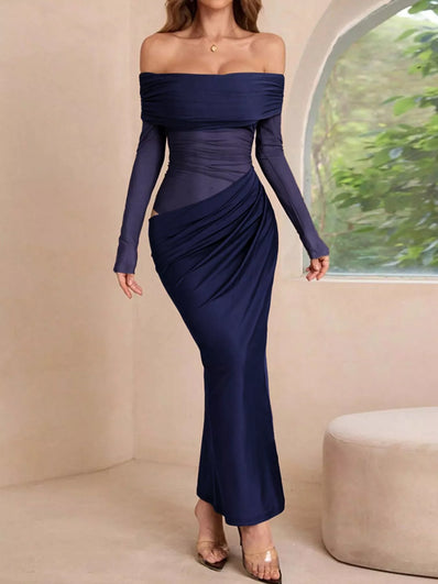 Off-Shoulder Long Sleeve Ruched Bodycon Maxi Dress