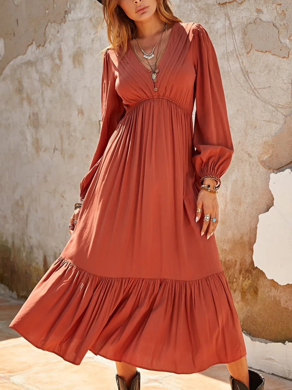 Ruched Long Sleeve Midi Dress