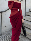Off-Shoulder Long Sleeve Ruched Bodycon Maxi Dress