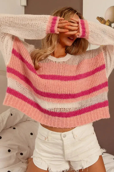 Hollow Out Yoke Detail Striped Sweater - Heraki 