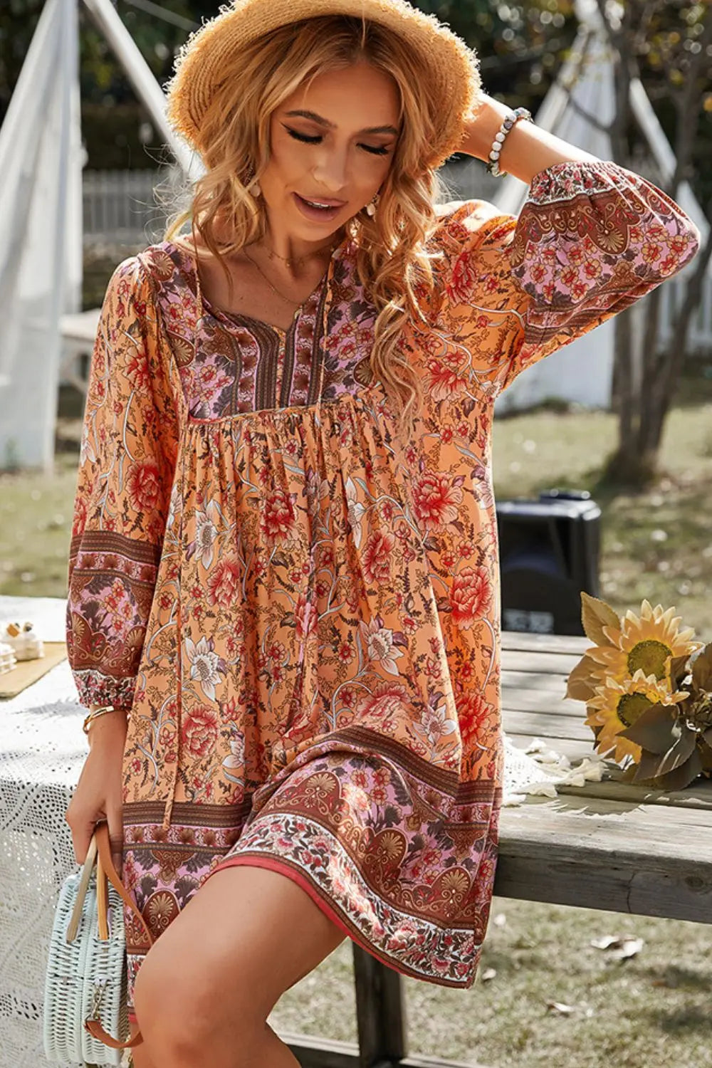 Bohemian Tie Neck Mini Dress