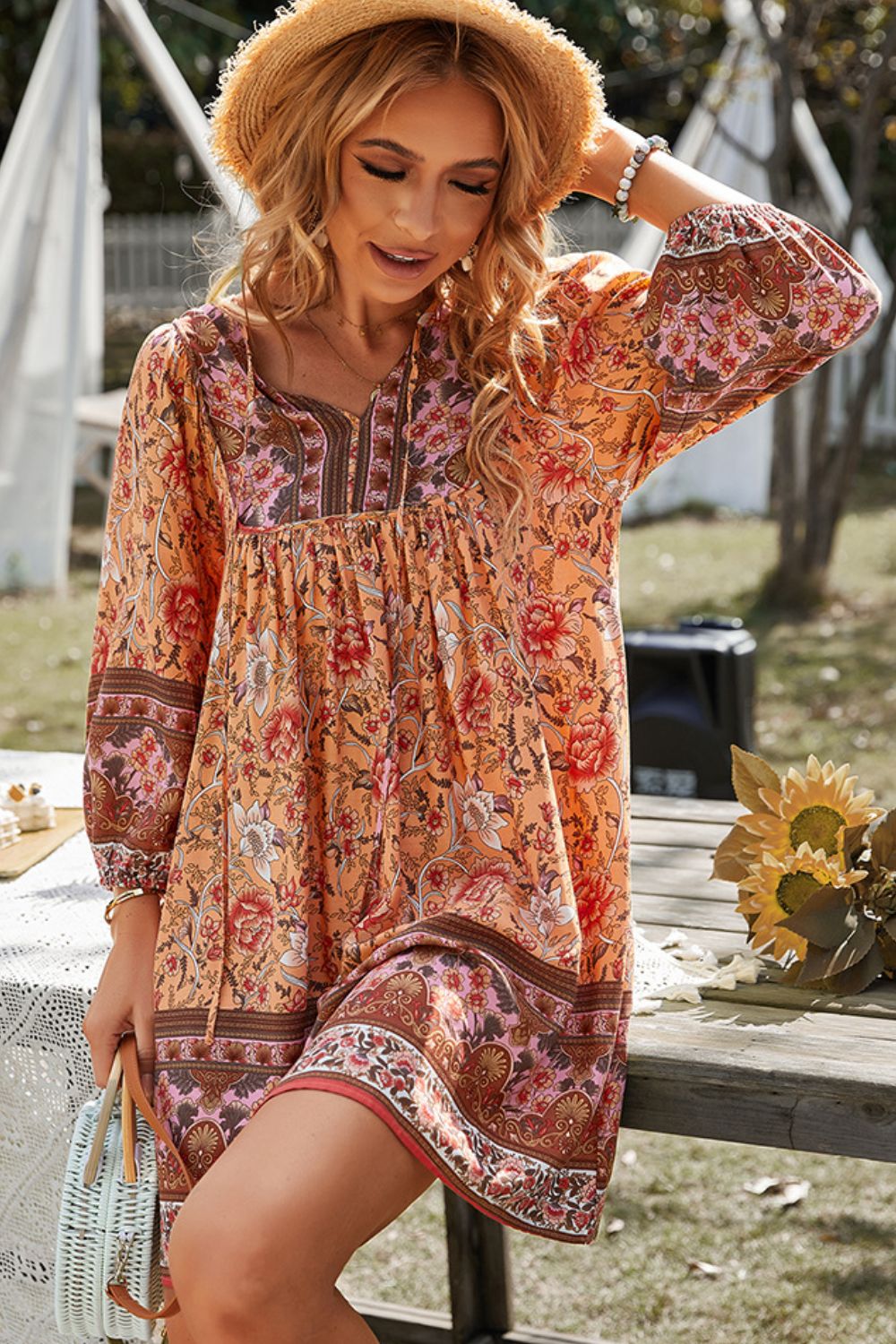Bohemian Tie Neck Mini Dress