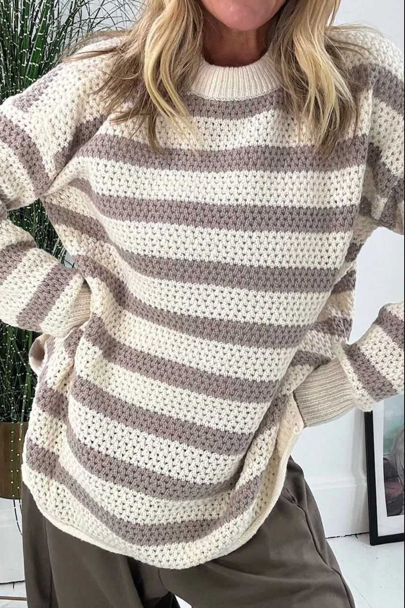 Striped Knit Dropped Shoulder Sweater - Classic Breton Inspired Ribbed Pullover
