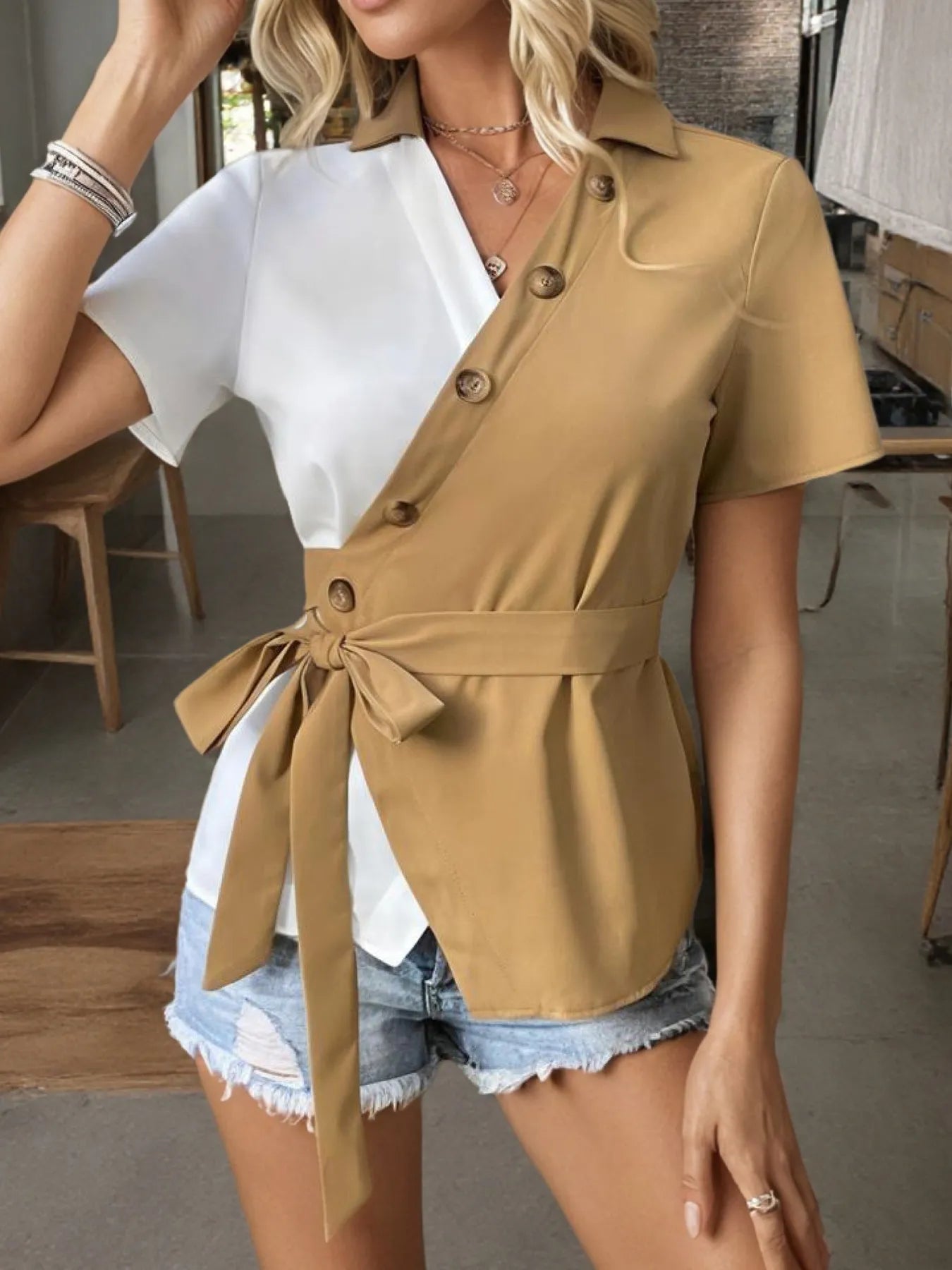 Two-Tone Tie Waist Blouse