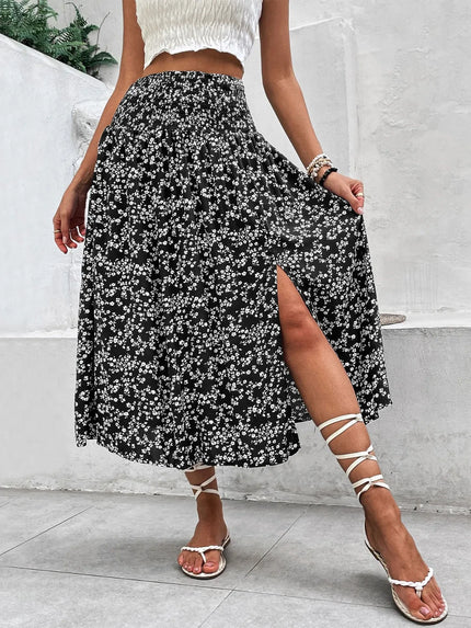 Smocked Printed Slit Midi Skirt
