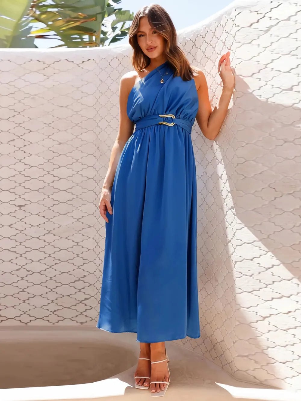 Asymmetric Belted Flow Midi Dress