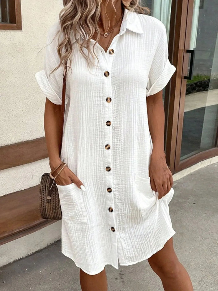 Casual Cotton Button-Down Shirt Dress with Pockets