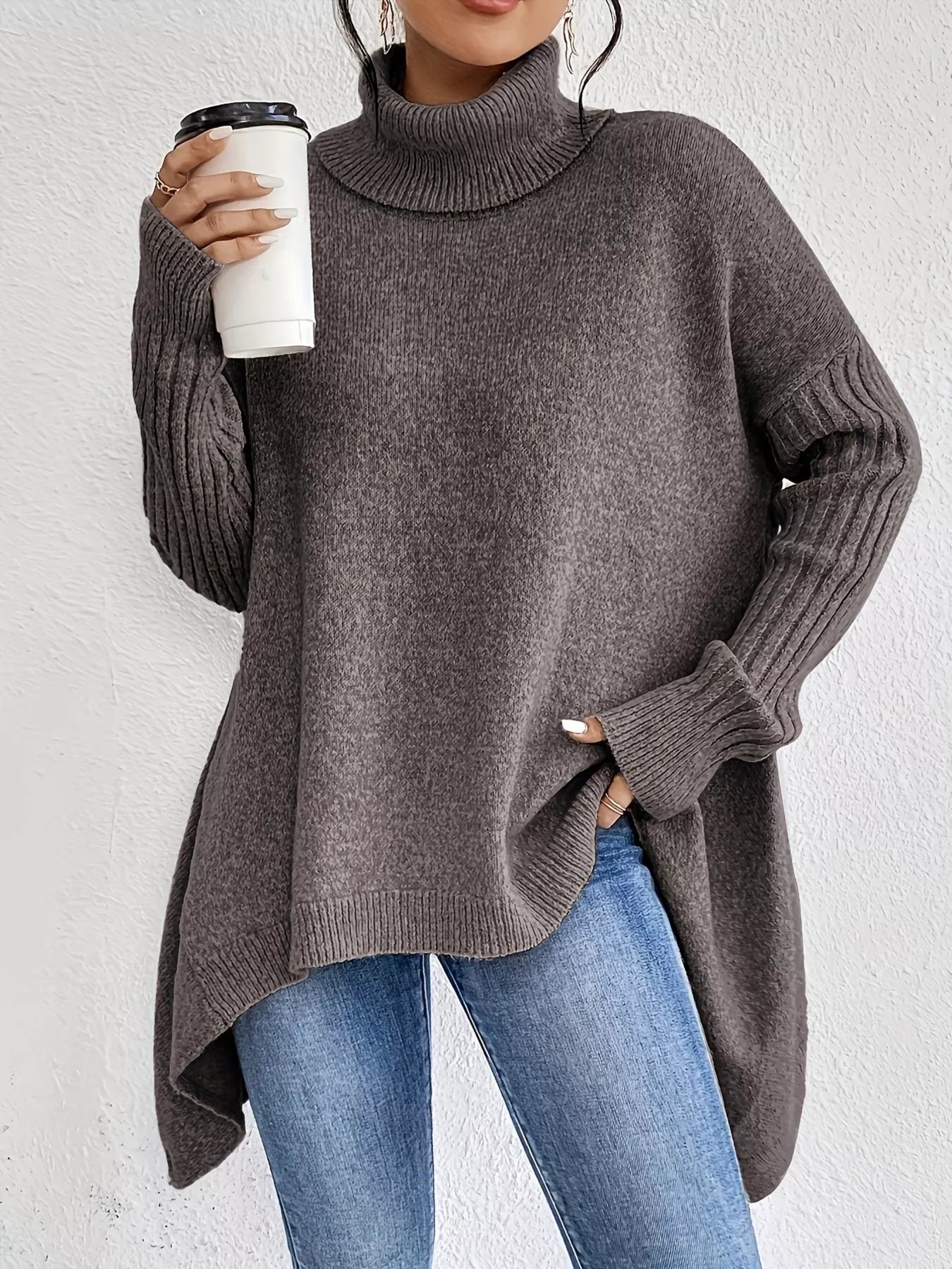 Turtleneck High-Low Hem Ribbed Sweater - Oversized Asymmetrical Knit Pullover