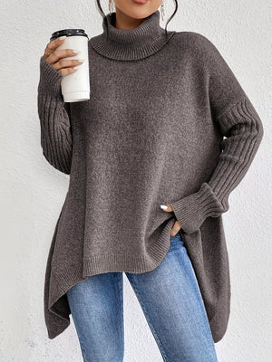 Turtleneck High-Low Hem Ribbed Sweater - Oversized Asymmetrical Knit Pullover