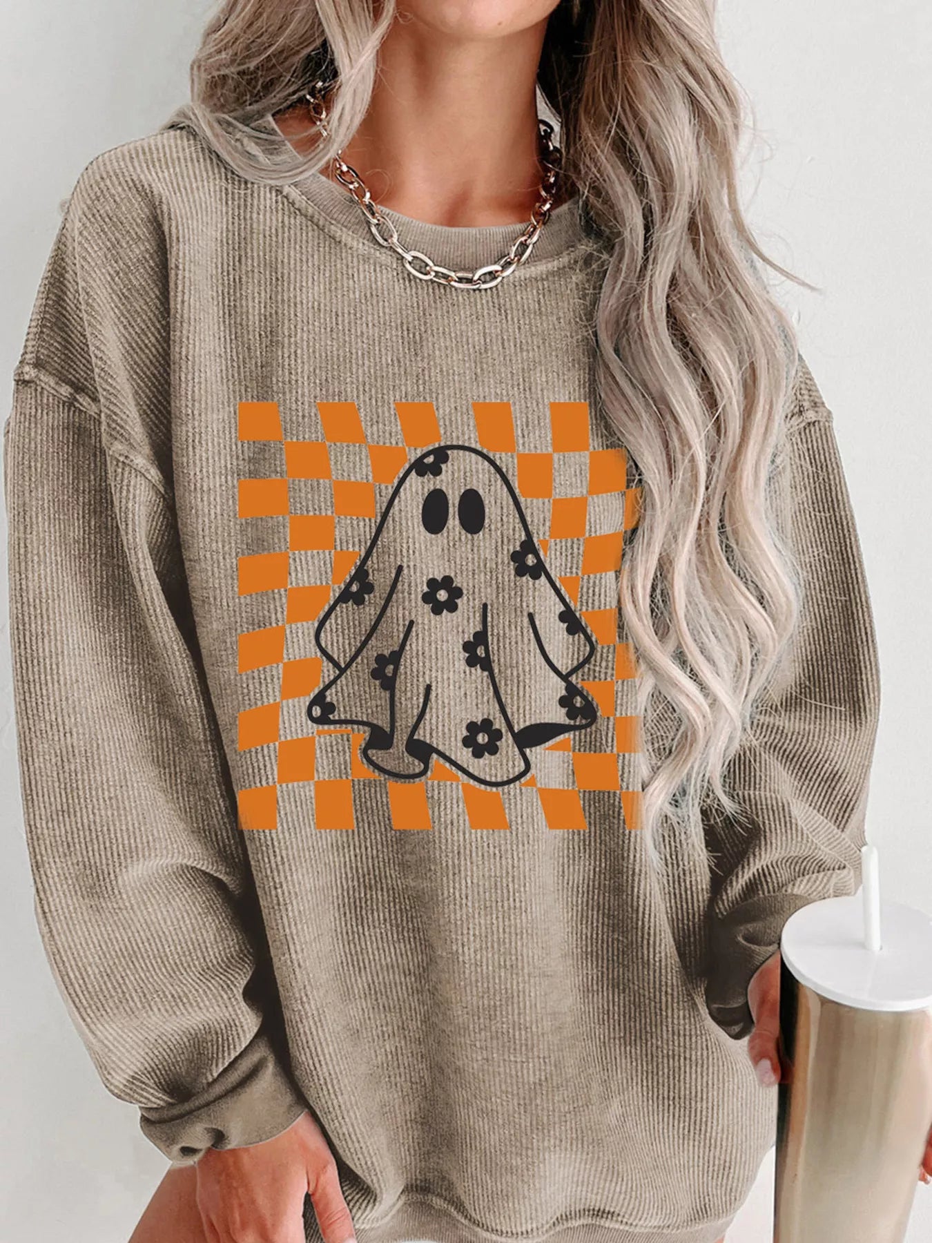 Halloween Checkerboard Floral Ghost Sweatshirt
