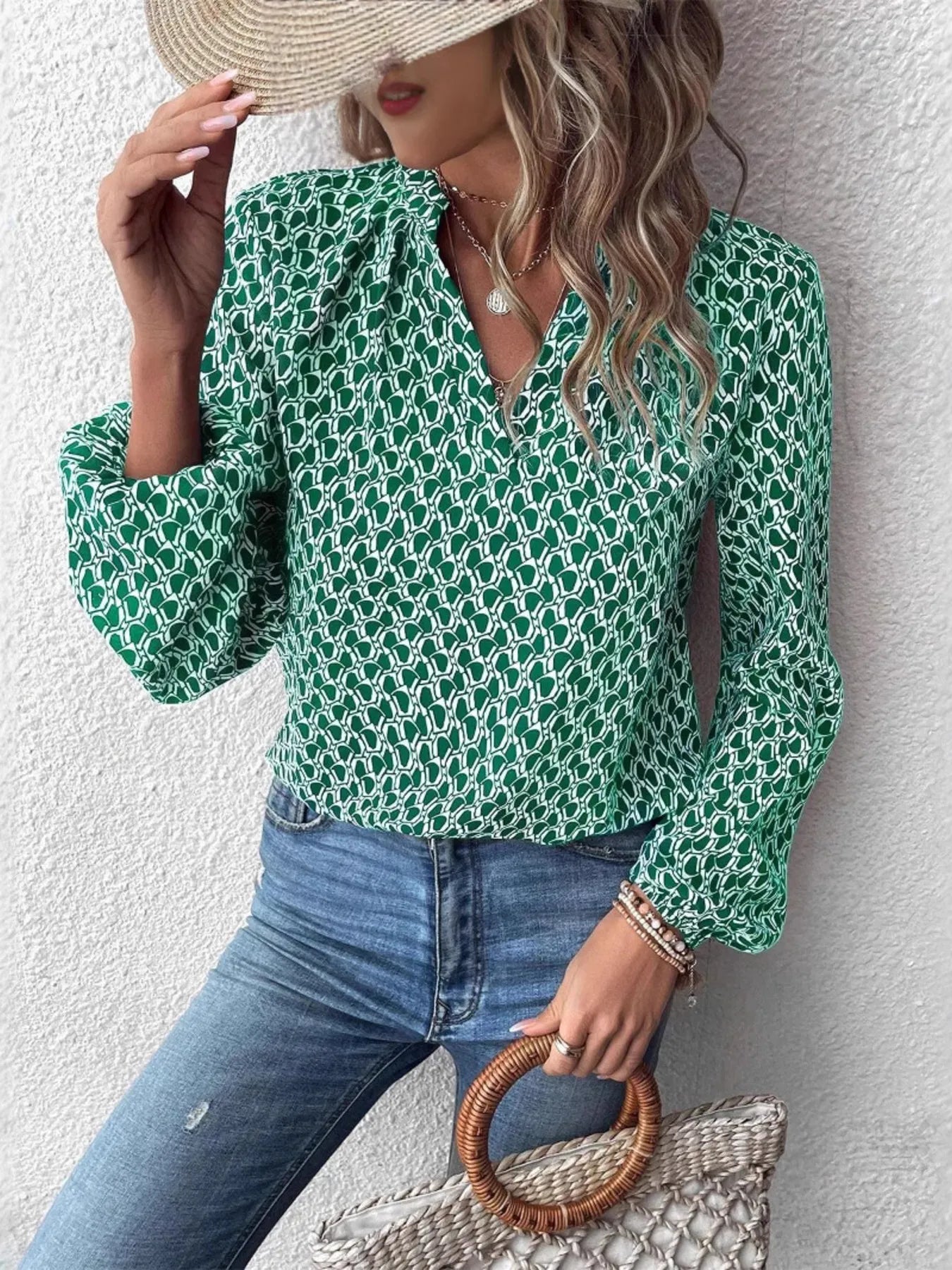 Chic Printed Notched Neck Long Sleeve Blouse