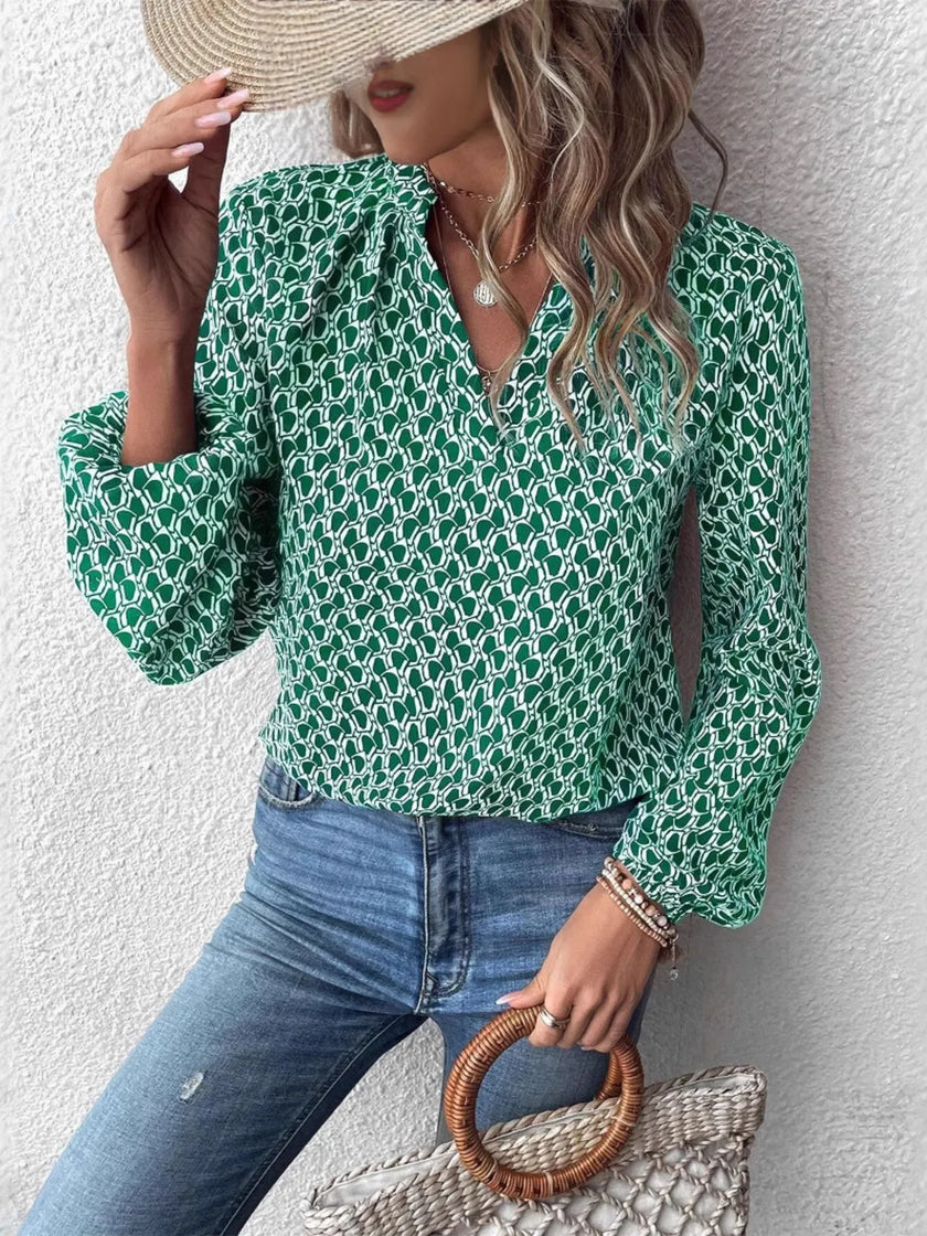 Chic Printed Notched Neck Long Sleeve Blouse