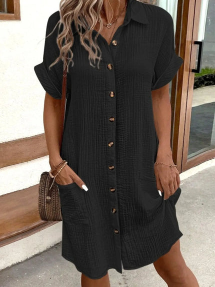 Casual Cotton Button-Down Shirt Dress with Pockets