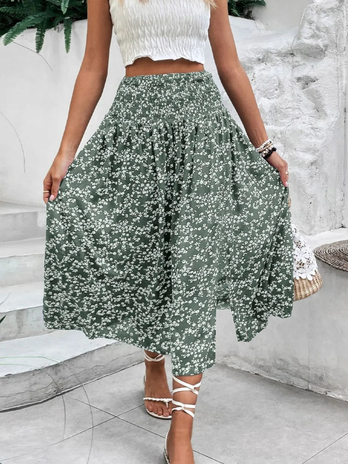 Smocked Printed Slit Midi Skirt