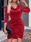 Velvet Cowl Neck Ruched Long Sleeve Bodycon Dress
