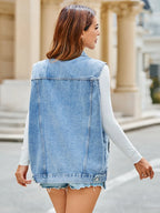 Women's Sleeveless Button Up Denim Vest with Pockets