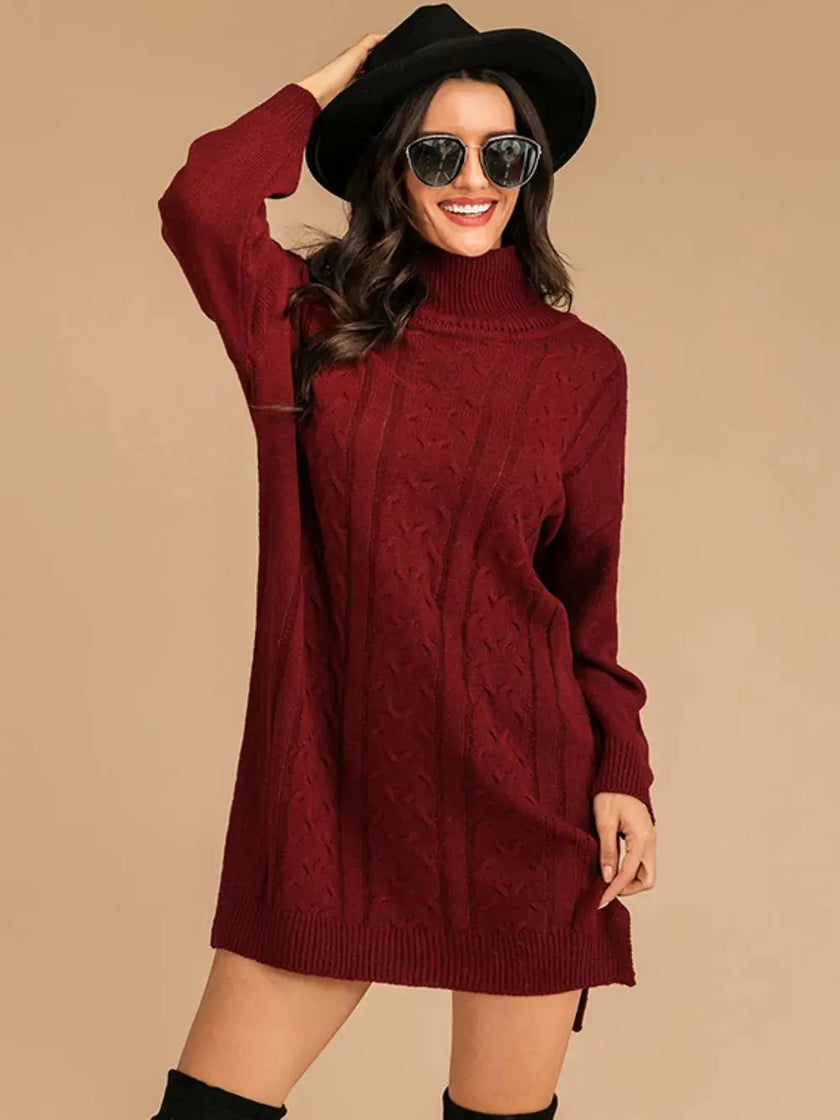 Slit Turtleneck Cable Knit Dress