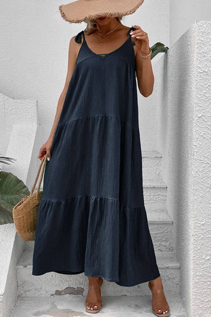 Elegant Tie-Shoulder Tiered Vacation Maxi Dress