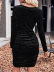 Velvet Cowl Neck Ruched Long Sleeve Bodycon Dress