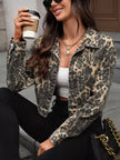 Leopard Trim Button-Up Cropped Jacket
