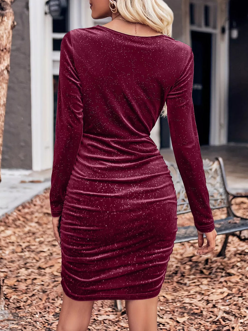 Velvet Cowl Neck Ruched Long Sleeve Bodycon Dress