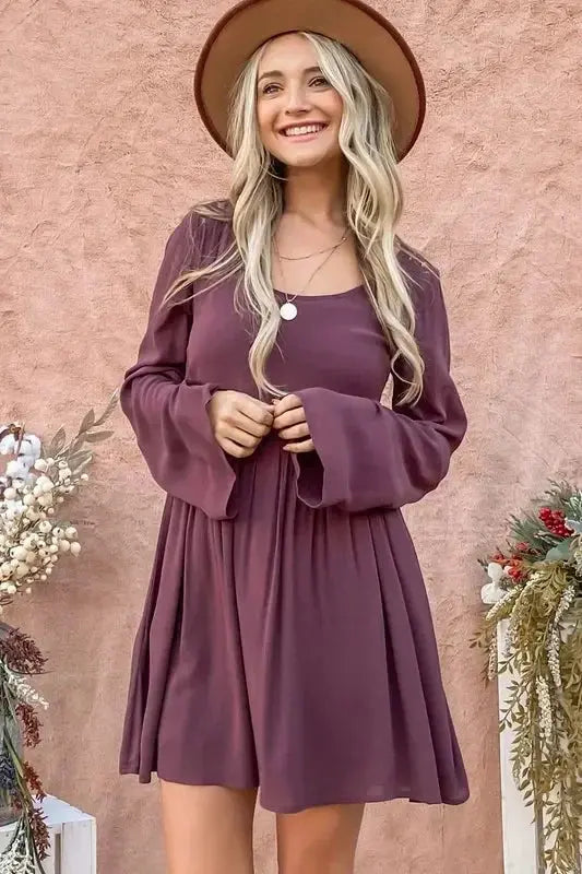 And The Why Back Lace Button Down Detail Bell Sleeve Dress - Heraki 