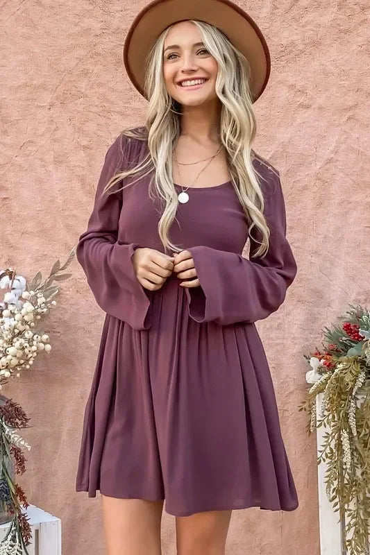 And The Why Back Lace Button Down Detail Bell Sleeve Dress - Heraki 