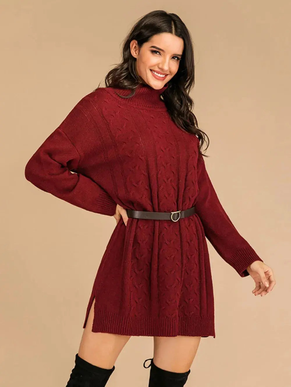 Slit Turtleneck Cable Knit Dress