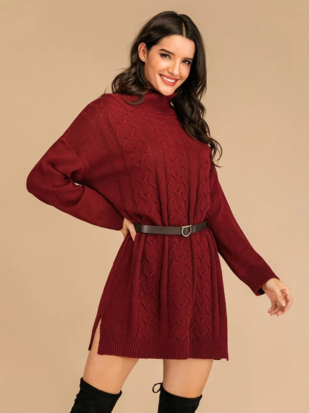 Slit Turtleneck Cable Knit Dress