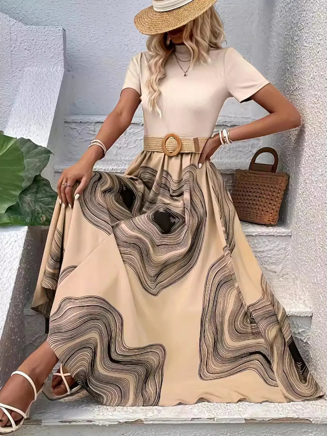 Printed Round Neck Short Sleeve Maxi Dress