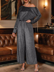 One-Shoulder Glitter Wide Leg Jumpsuit with Long Sleeve
