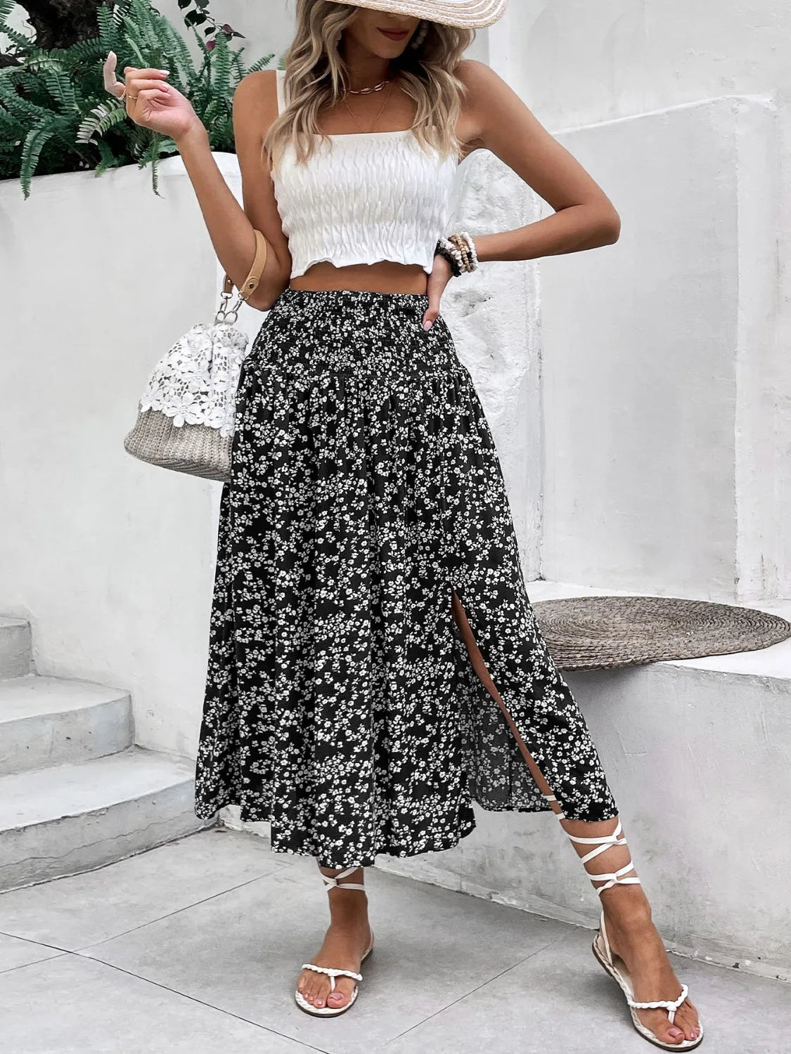 Smocked Printed Slit Midi Skirt