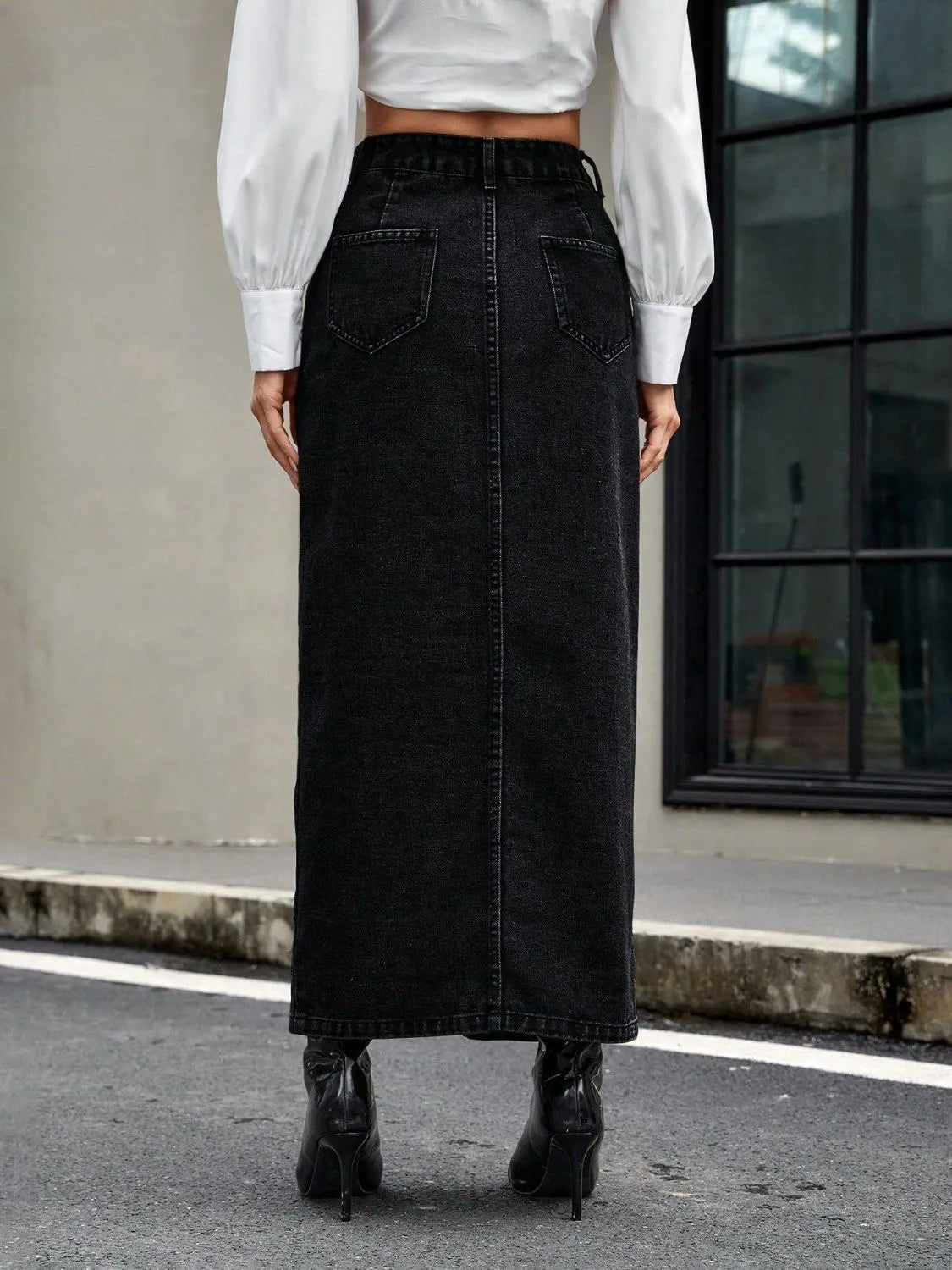Button Front Slit Denim Skirt