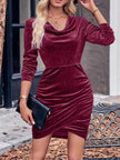Velvet Cowl Neck Ruched Long Sleeve Bodycon Dress