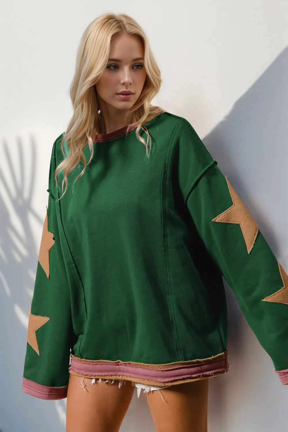 Star Patched Exposed Seam Long Sleeve Sweatshirt