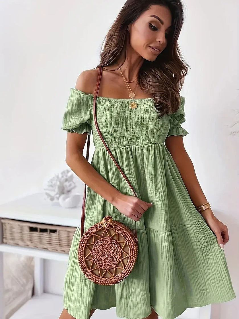 Full Size Ruffled Off-Shoulder Short Sleeve Dress - Heraki 