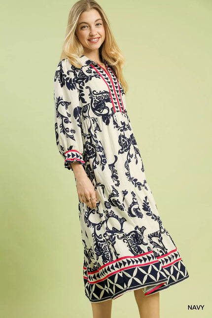 Boho Print Tiered Midi Dress with Contrast Split Neck