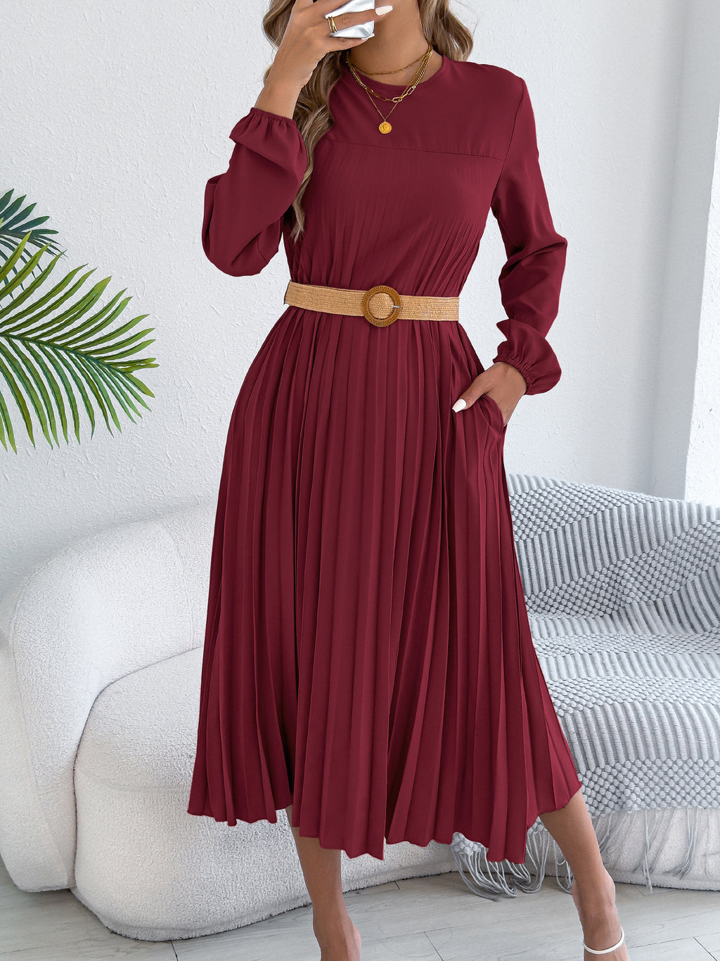 Belted Pleated Flow Midi Dress
