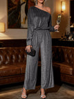 One-Shoulder Glitter Wide Leg Jumpsuit with Long Sleeve