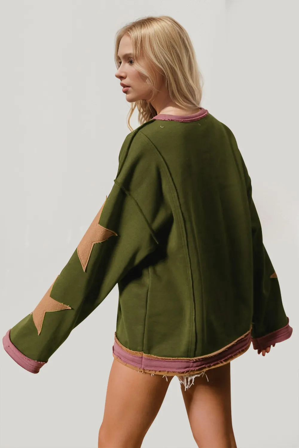 Star Patched Exposed Seam Long Sleeve Sweatshirt