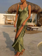 Satin V Neck Slit Maxi Dress
