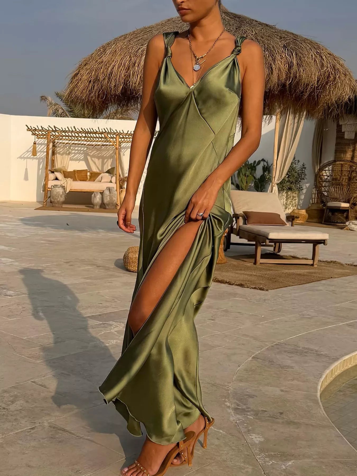 Satin V Neck Slit Maxi Dress