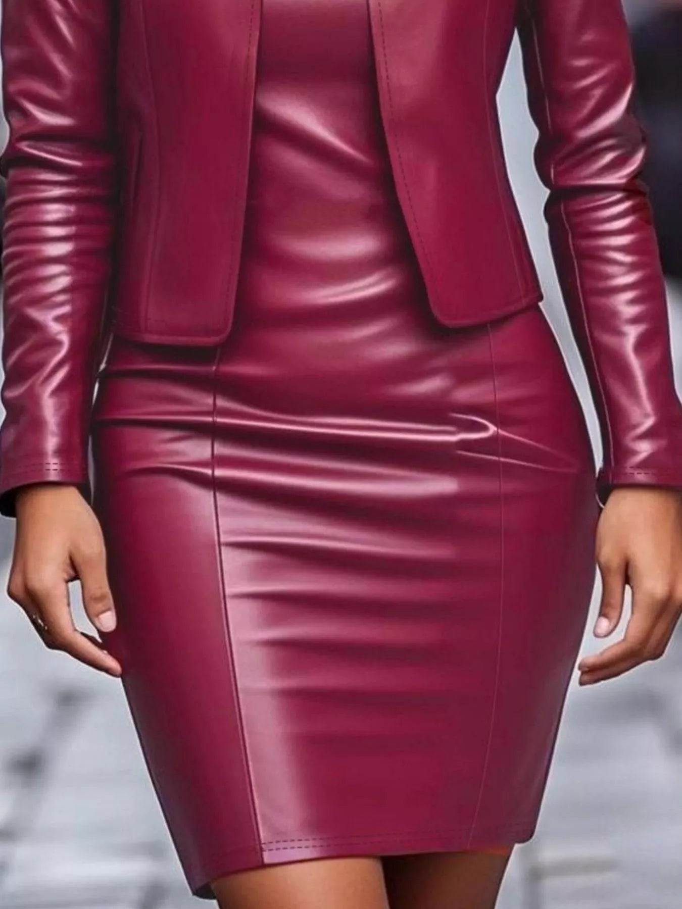 Open Front Leather Jacket & Dress Two-Piece Set